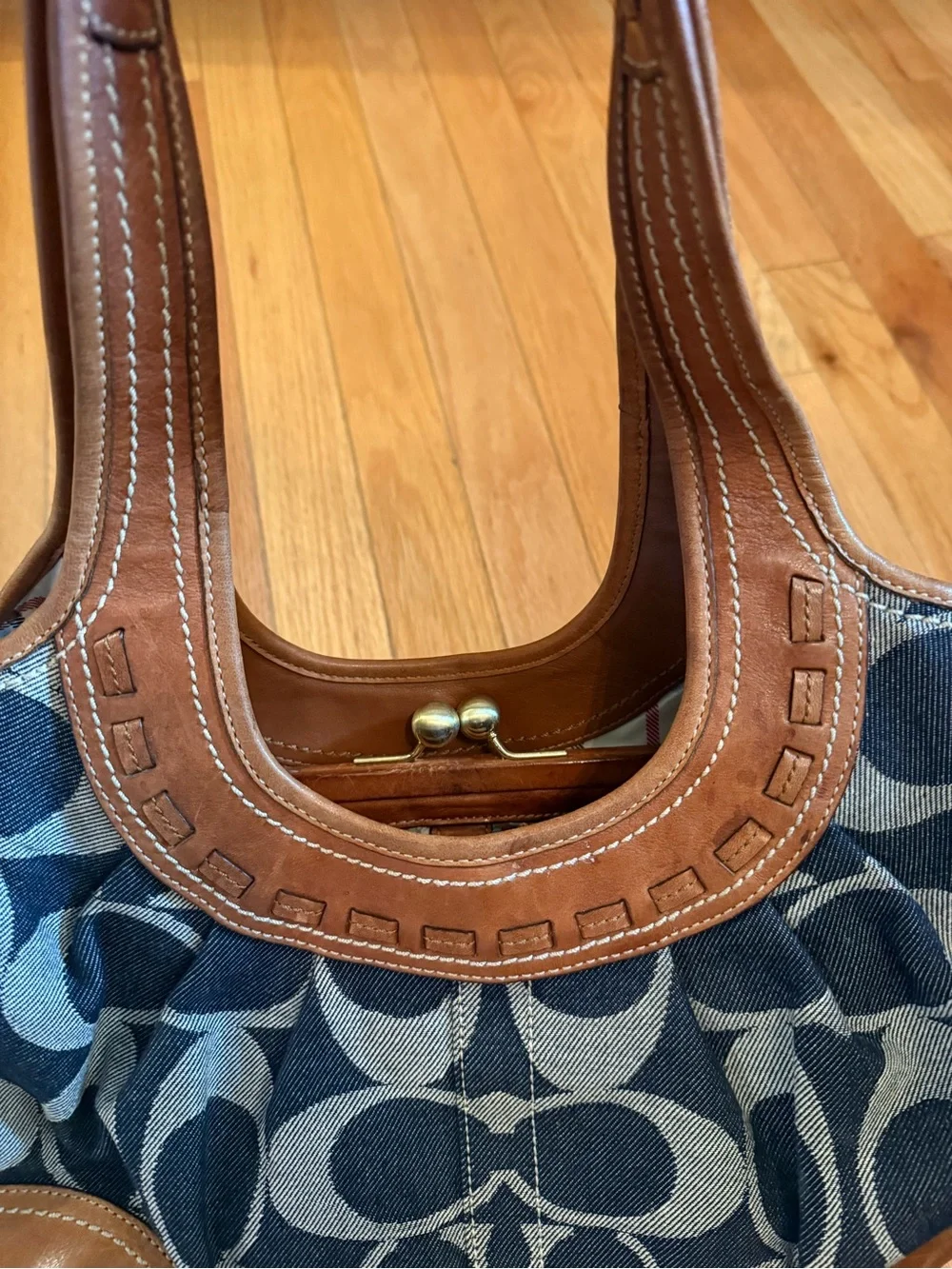 Coach Ergo Signature Denim Pleated Hobo Bag w/ Large Kisslock & Tattersall